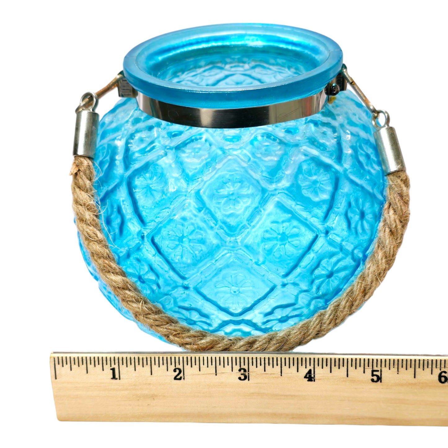 Blue Moroccan Globe Vase Teal Candle Holder w/ Rope Handle Flashed Glass BOHO