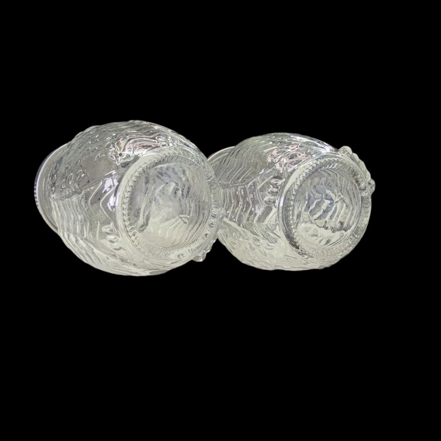 Set of 2 Glass Owl Shakers with Silver Tone Metal Lids, Embossed Floral Pattern