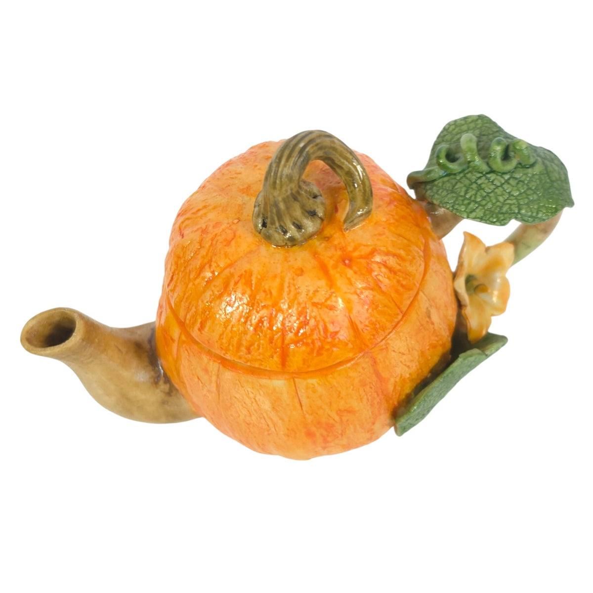 Khien Thailand Miniature Pumpkin Teapot Ceramic Flower Vine Handle Collectible