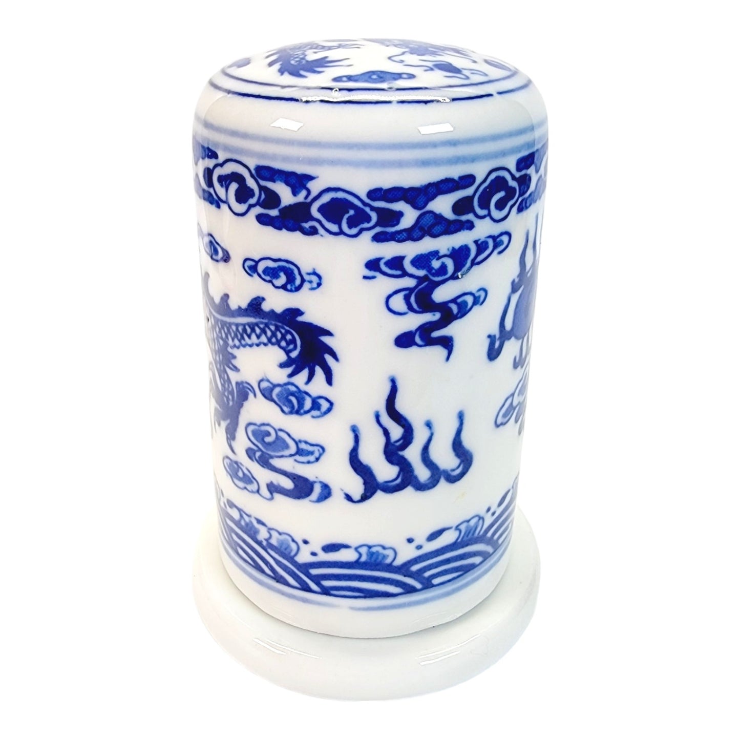 Unique Covered Toothpick Holder with Lid, Blue and White Dragon