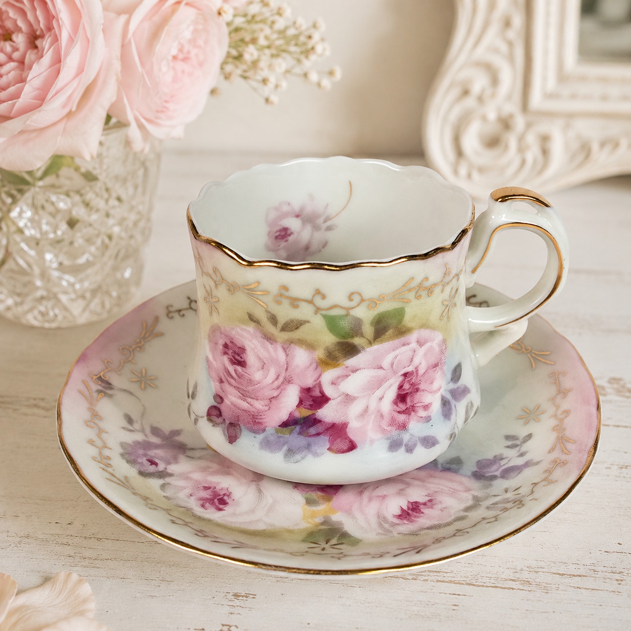Vintage Japanese Porcelain Demitasse Cup and Saucer Set Floral Gold Trim Rose