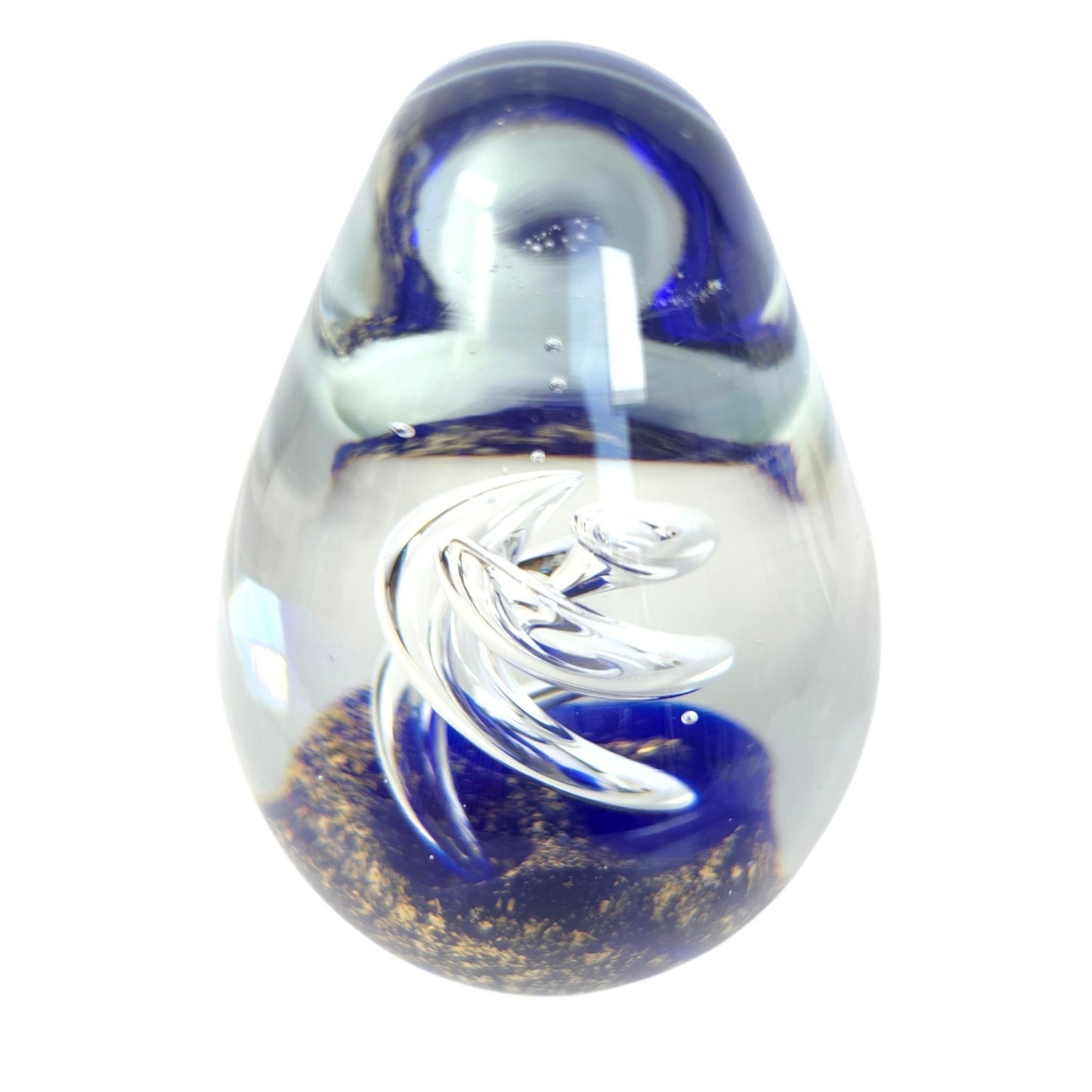 (Reserved for Customer) Vintage Art Glass Egg Paperweight Royal Blue Gold Fleck Aventurine Helix Swirl