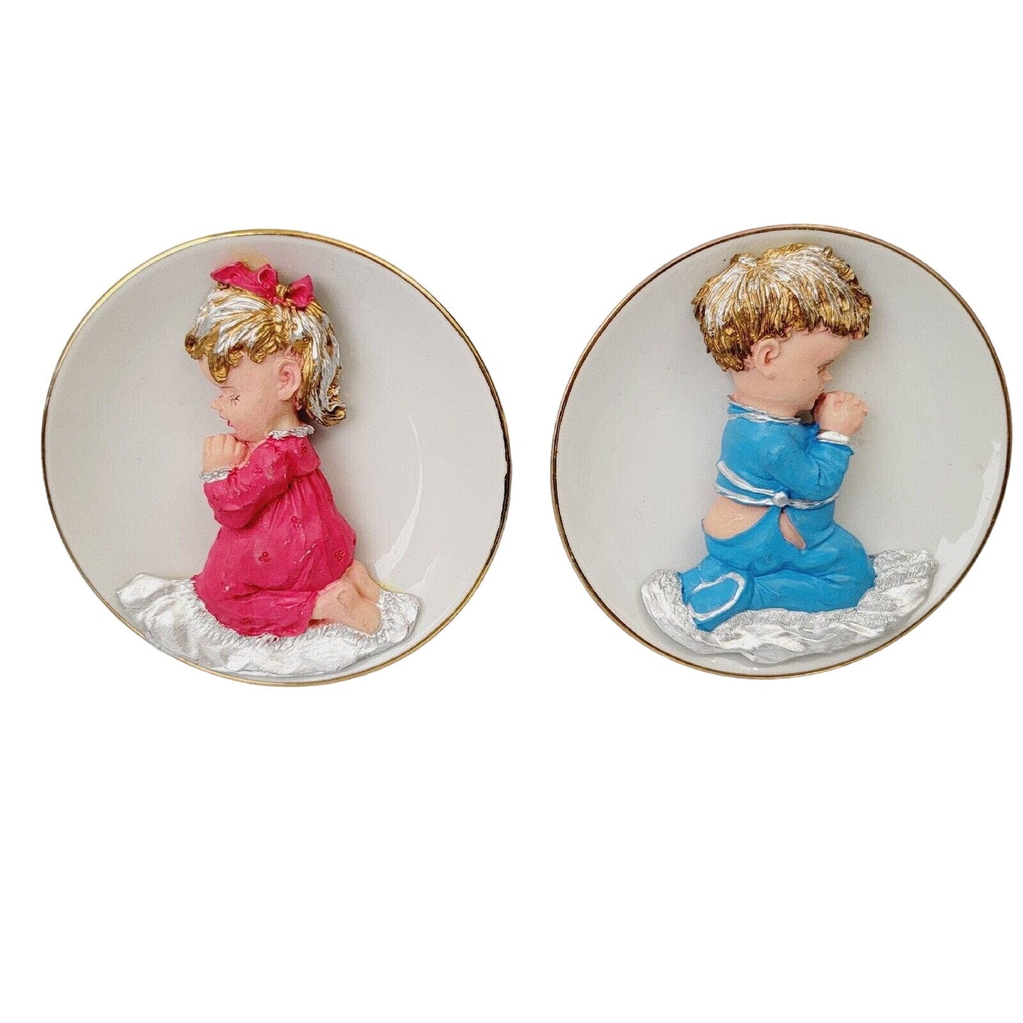 Vintage Miniature Plates Praying Baby Boy and Girl Porcelain Plates, 3D