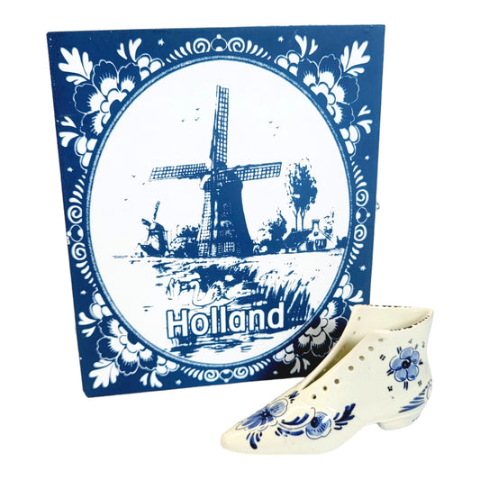 Delft Porcelain Victorian Style Lace-Up Boot, Blue and White Collector's Shoe with Hinged Box