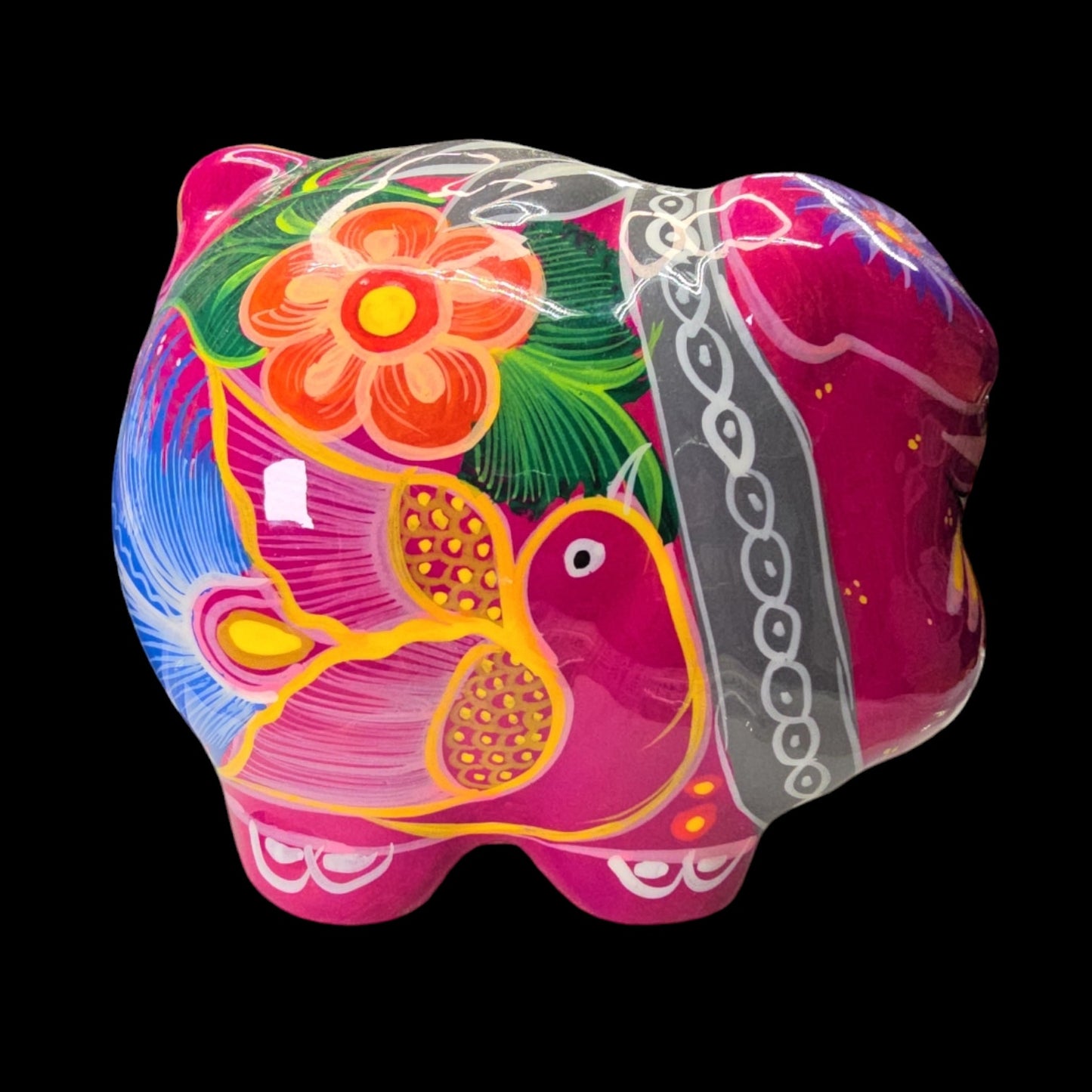 Mexican Pottery Hand-Painted Piggy Bank, Glows under Black Light