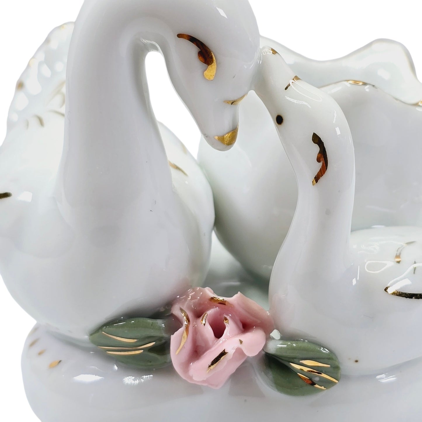 Vintage Swan and Cygnet Figurine, Toothpick Holder, White Gold Trim Pink Rose 2.75" H