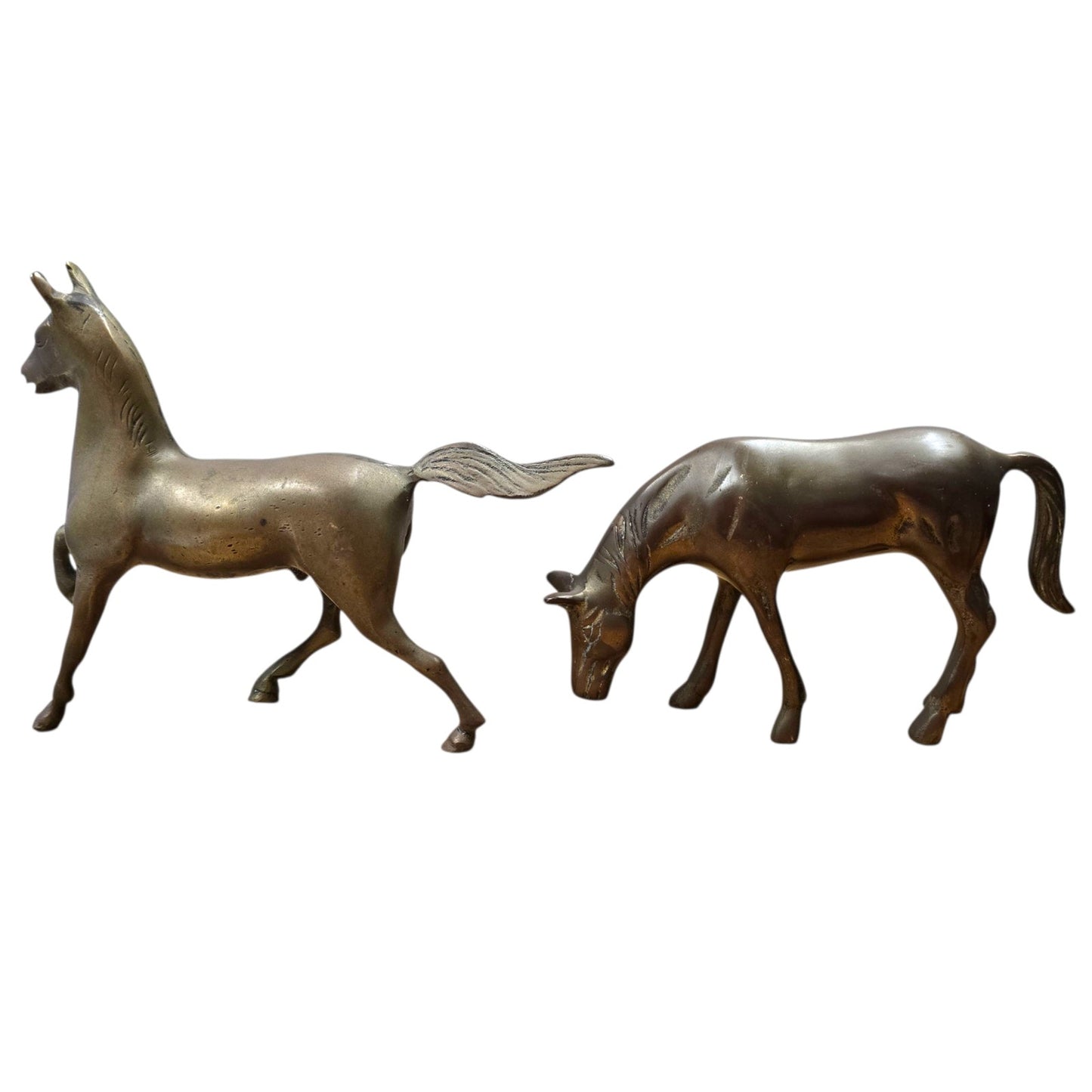 Vintage Brass Horses Prancing / Grazing Brass Horse Figurines, Patina Anatomical