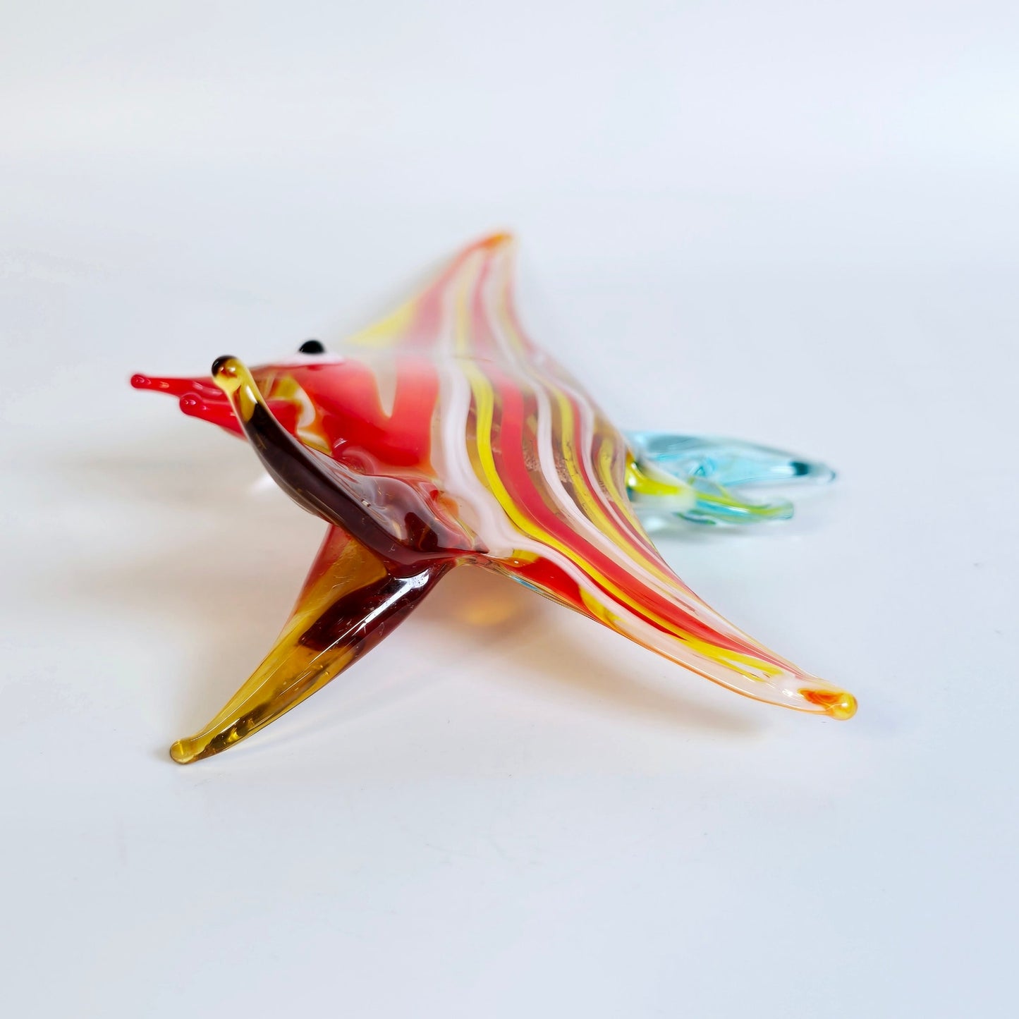 Handblown Red and Yellow Striped Art Glass Angel Fish, Stretch Glass Fish