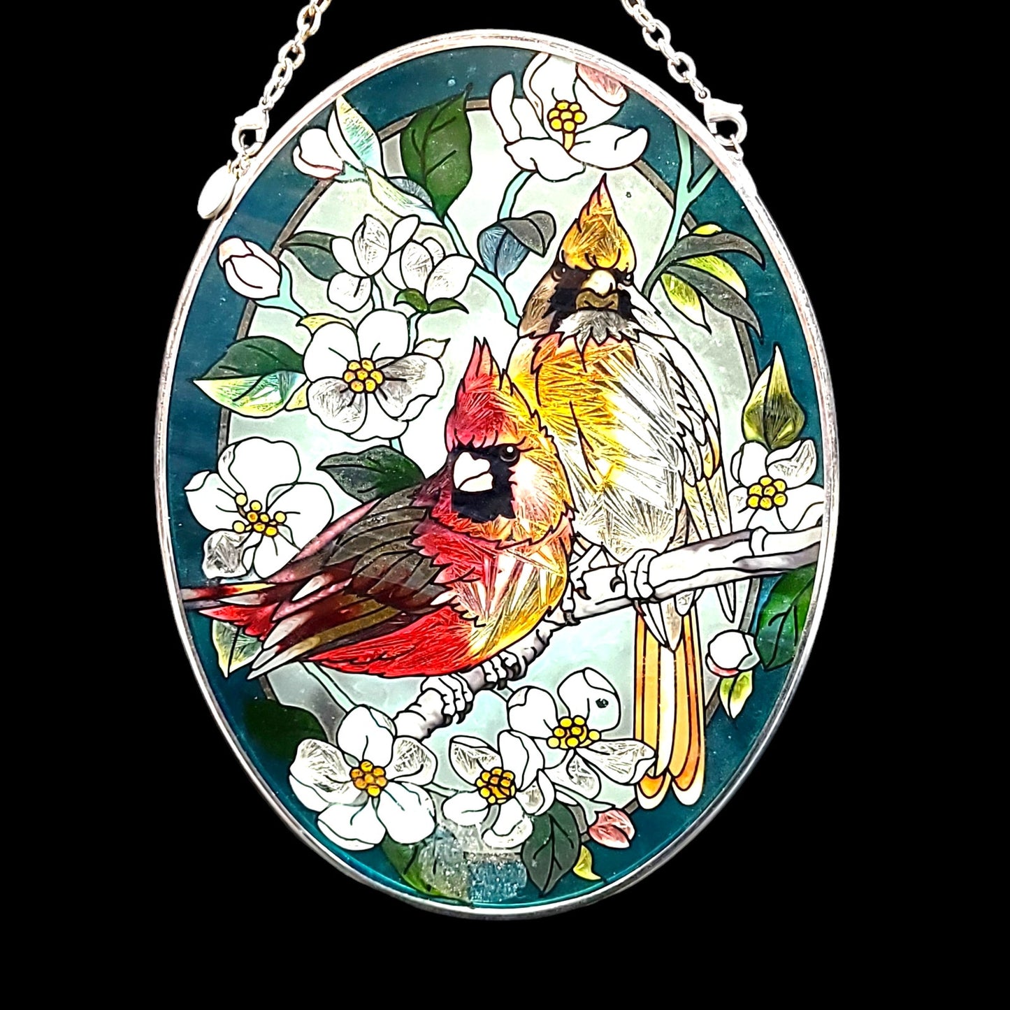 Handpainted Glass SunCatcher with Orchids and Cardinals 7" Oval