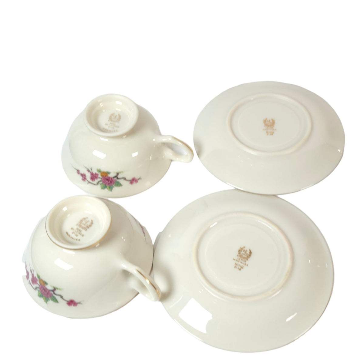 Vintage Lenox Ming P-16 Footed Teacups & Saucers Set of 2 Bird Floral Gold USA