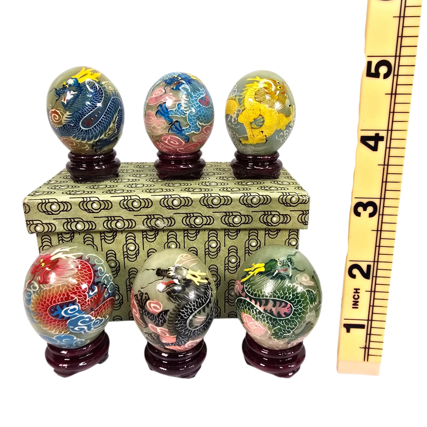 Vtg Set of 6 Chinese Hand Painted Dragon Eggs Green Marble Stone w/ Stands & Box