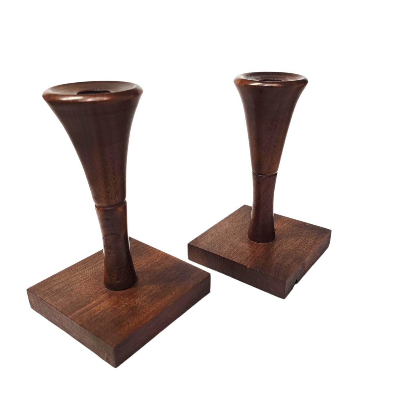 Danish Modern Style Walnut Wood Candlestick Holders - Hand Turned Pedestal Pair