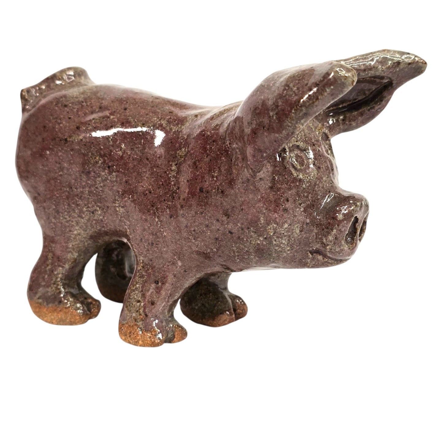 Vintage Studio Art Pottery Pig Figurine Signed BA Primitive Brown Glazed Clay