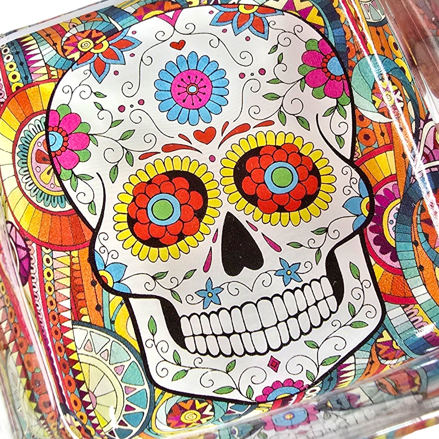 Day of the Dead Sugar Skull Heavy Glass Ashtray Trinket Dish Colorful 3"