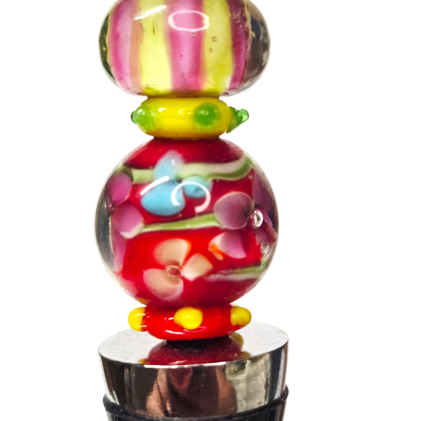Bottle Stopper Blue Green Red Art Glass Bead Style Chrome Rubber BoHo Wine 5"