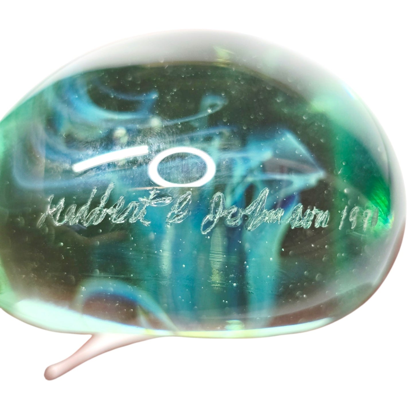 Signed Gilbert C. Johnson 1991 Art Glass Heart Paperweight Blue Green Vortex