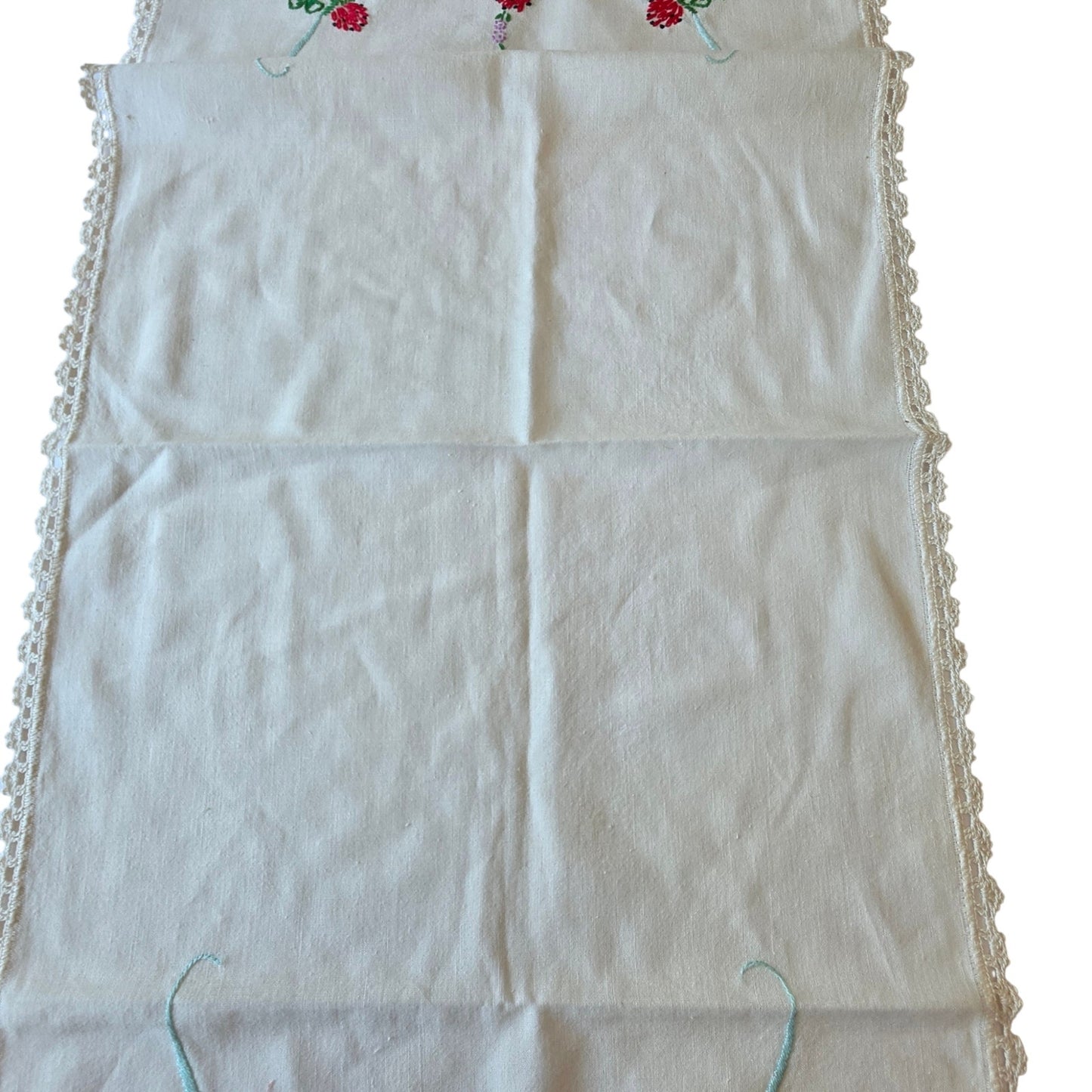 Vintage Berry Blossom Embroidered Linen Table Runner Dresser Scarf Crochet Lace
