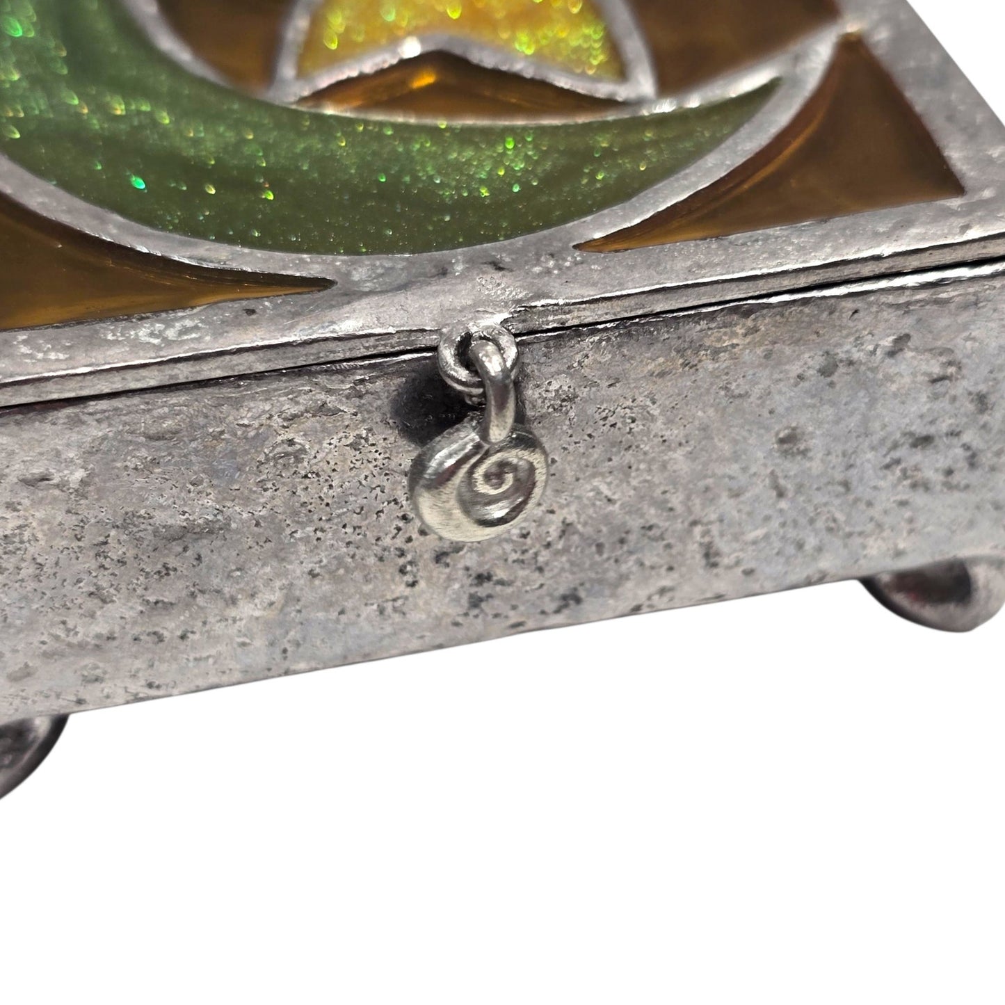 Vtg Stained Glass Moon Star Trinket Box Pewter Tone Soldered Metal Made USA