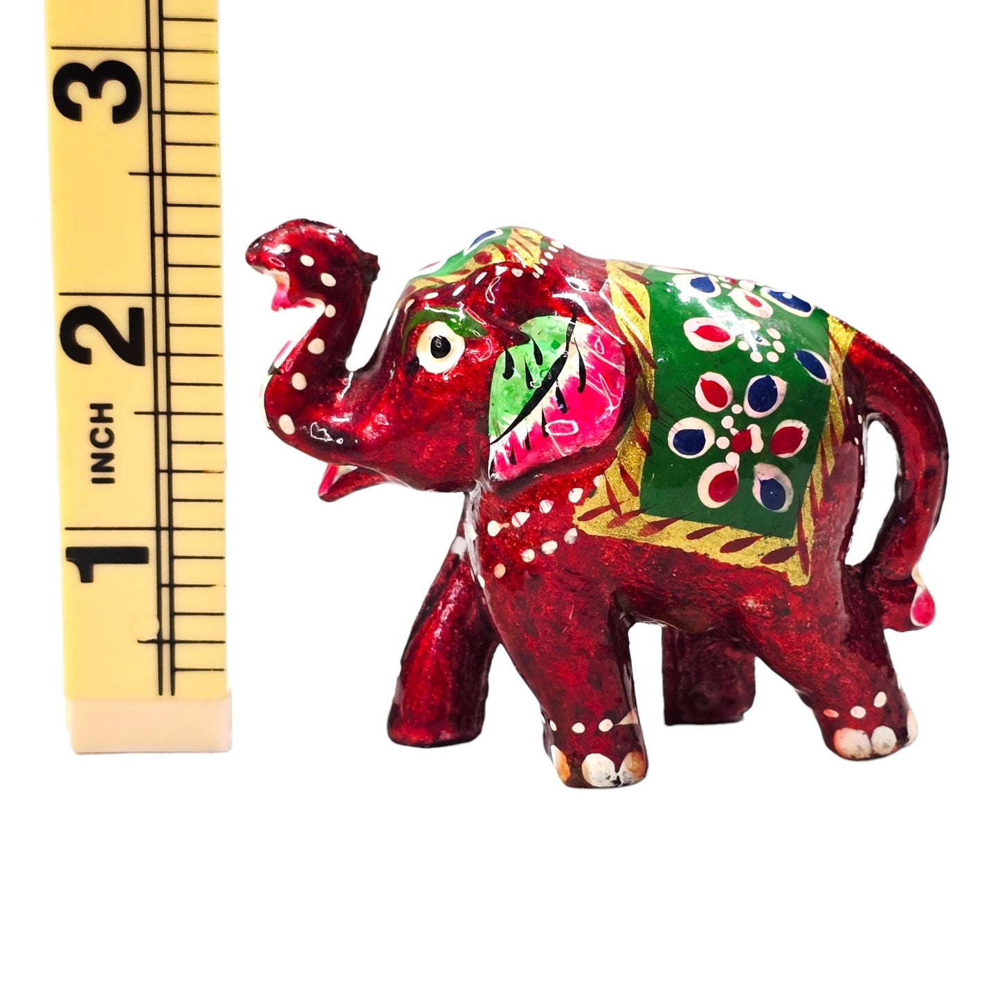 Vtg Hand Painted Mini Elephant Figurine Red Green Folk Art India 2" Decor