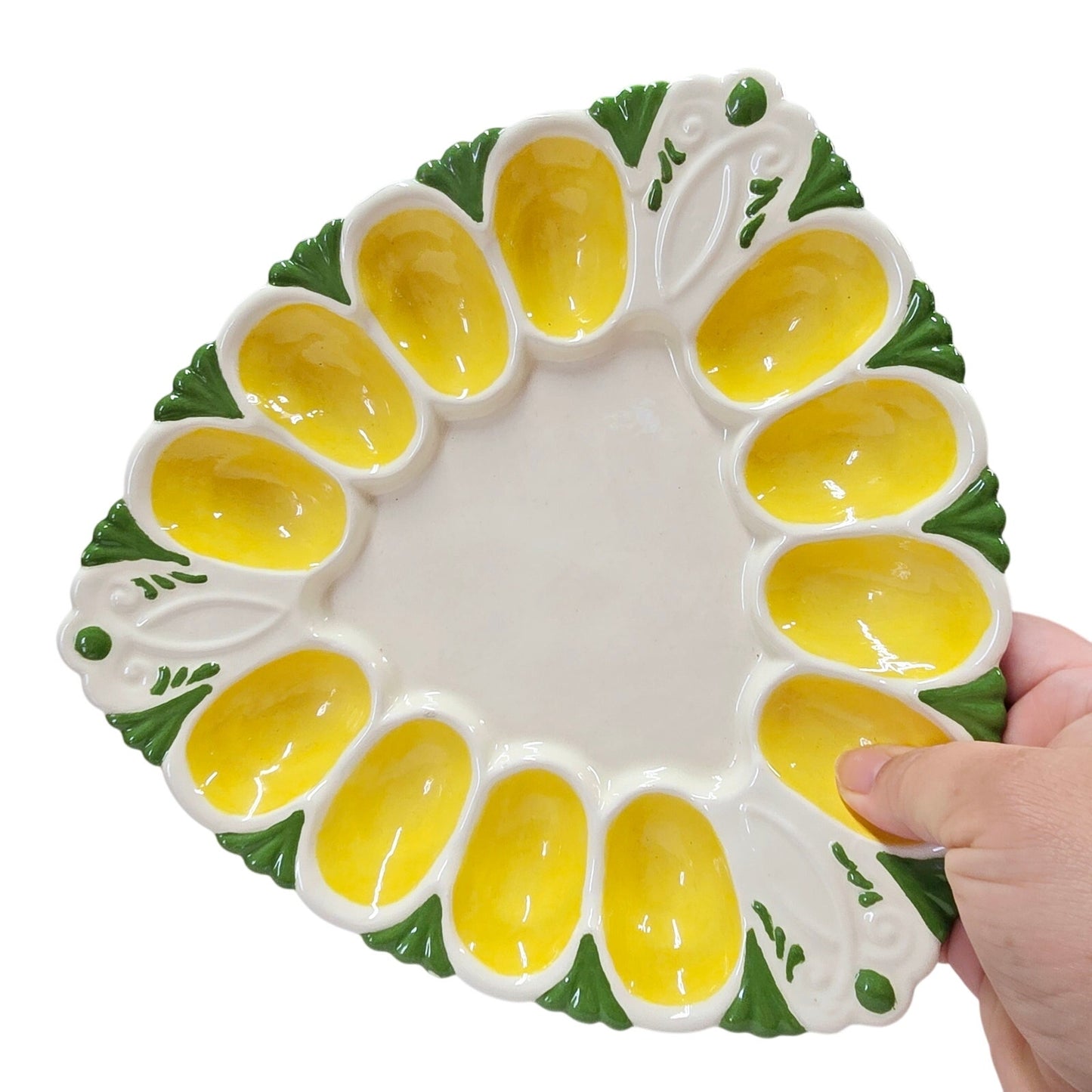 Vintage Handpainted Triangle Egg Dish, Egg Plate, Holds 12 Eggs, Signed BJ