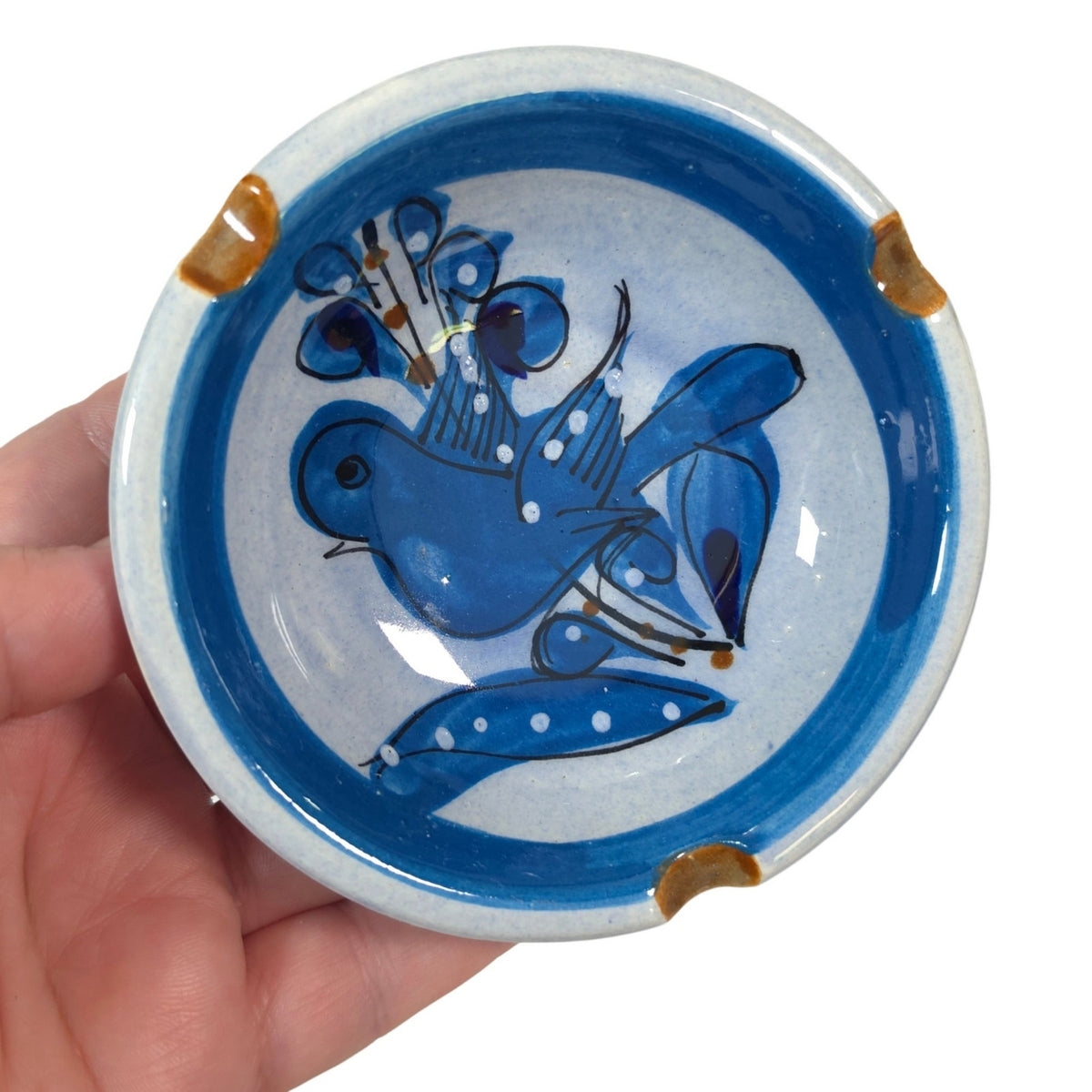 Vintage Tonala Mexico Art Pottery Blue Bird Trinket Dish Signed Folk Art