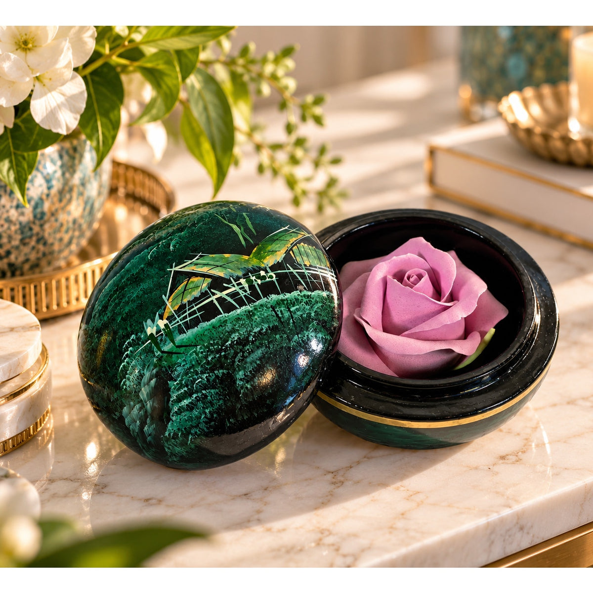 Vintage Japanese Lacquerware Round Trinket Box with Porcelain Rose