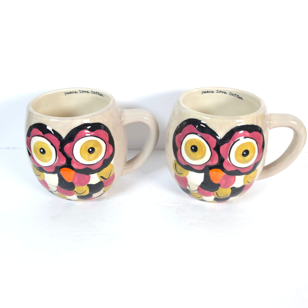Natural Life Owl Coffee Mugs Set of 2 Peace Love Coffee Cream Colorful