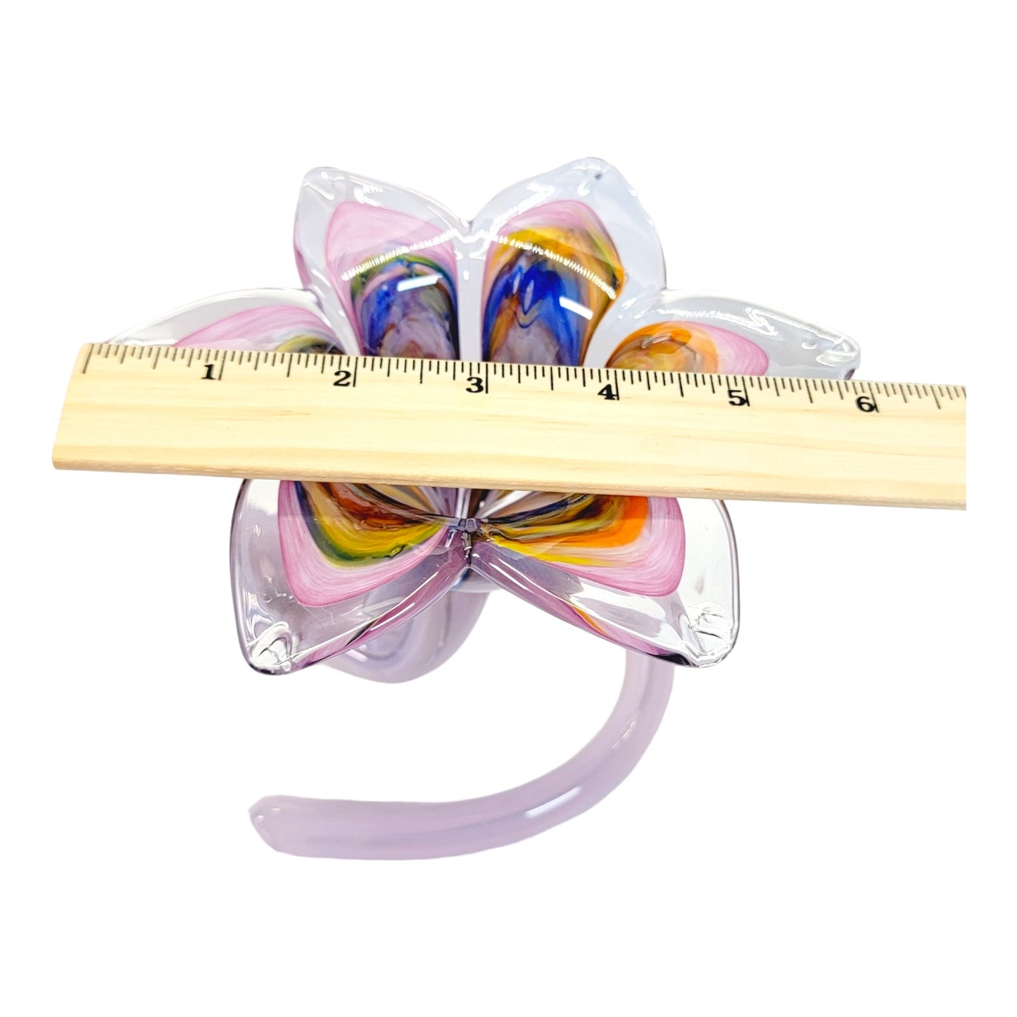 Beautiful Hand Blown Spiral Stem Art Glass Flower, Multicolor Flower with Lavender Stem