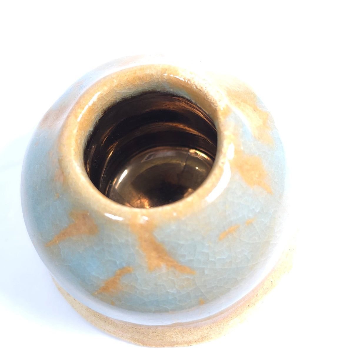 Handmade Student Pottery Mini Vase Blue Tan Copper Tone Interior Signed