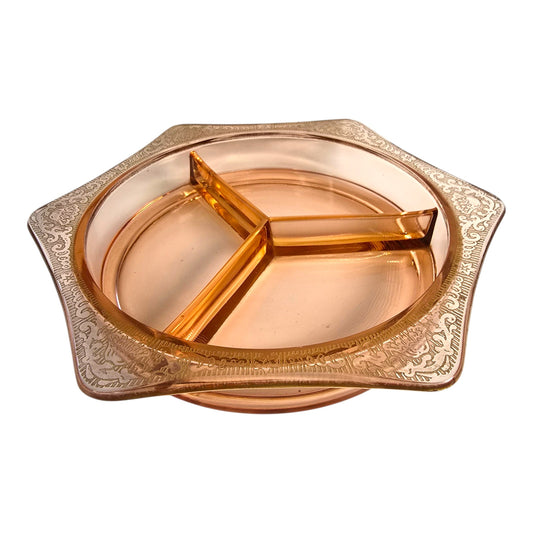 Pink Depression Glass Divided Relish Dish with Gold Decorative Border