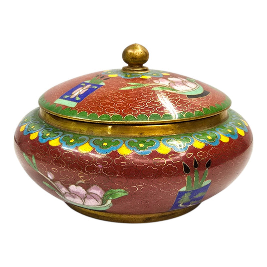 Vtg Chinese Cloisonne Lidded Bowl Red Enamel Lotus Floral Brass Vanity Dish