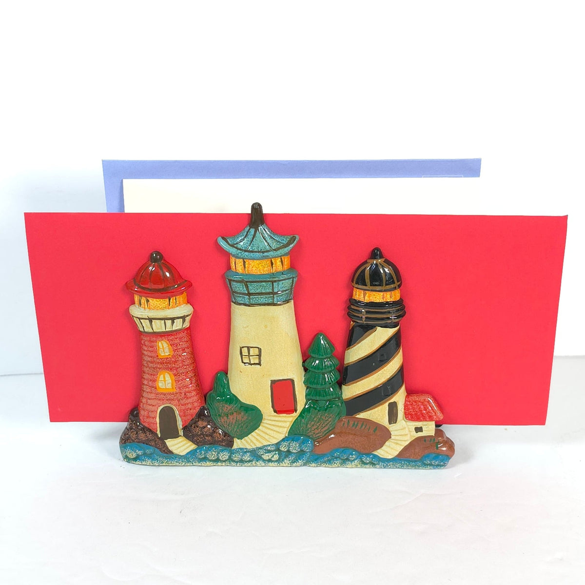 Hand Painted Lighthouse Letter Napkin Holder Coastal Nautical Desk Decor