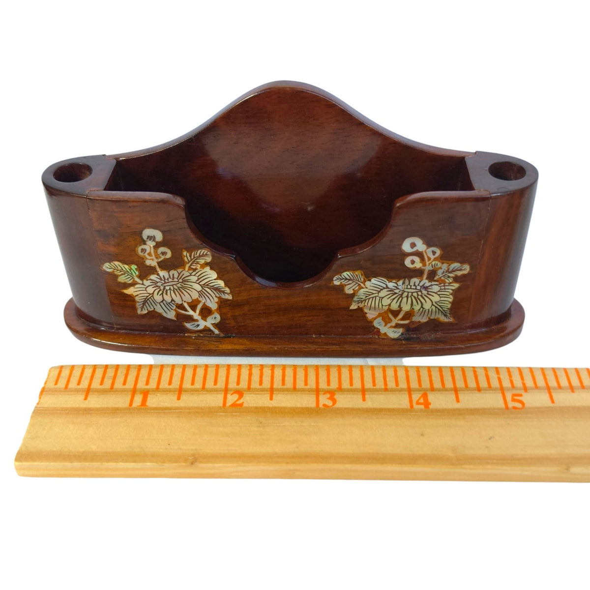 Vintage Wood Desk Organizer Mother of Pearl Inlay Memo Pen Holder Business Card