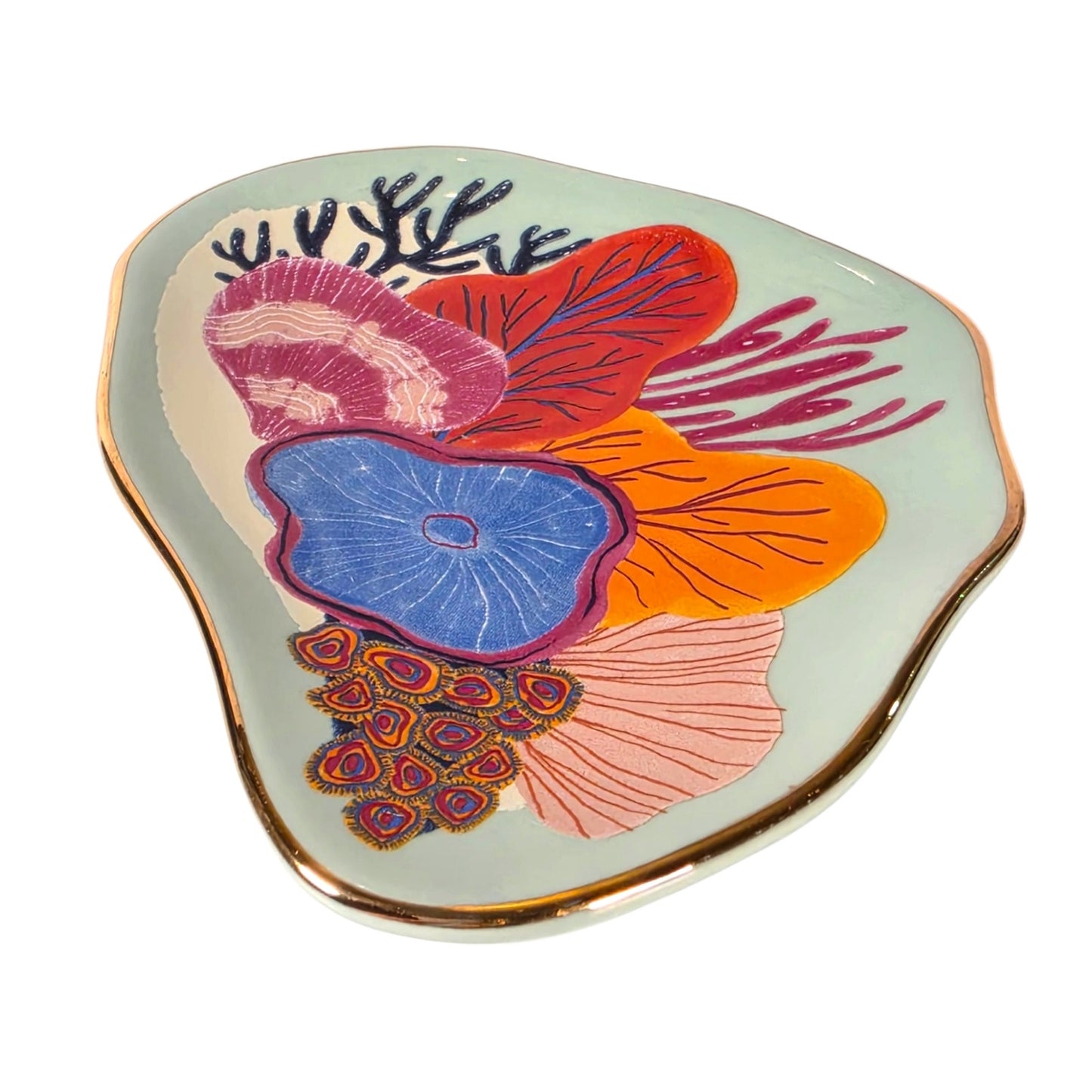 Danica Studio Neptune Trinket Tray Mint Green Ceramic Coral Gold Trim Dish