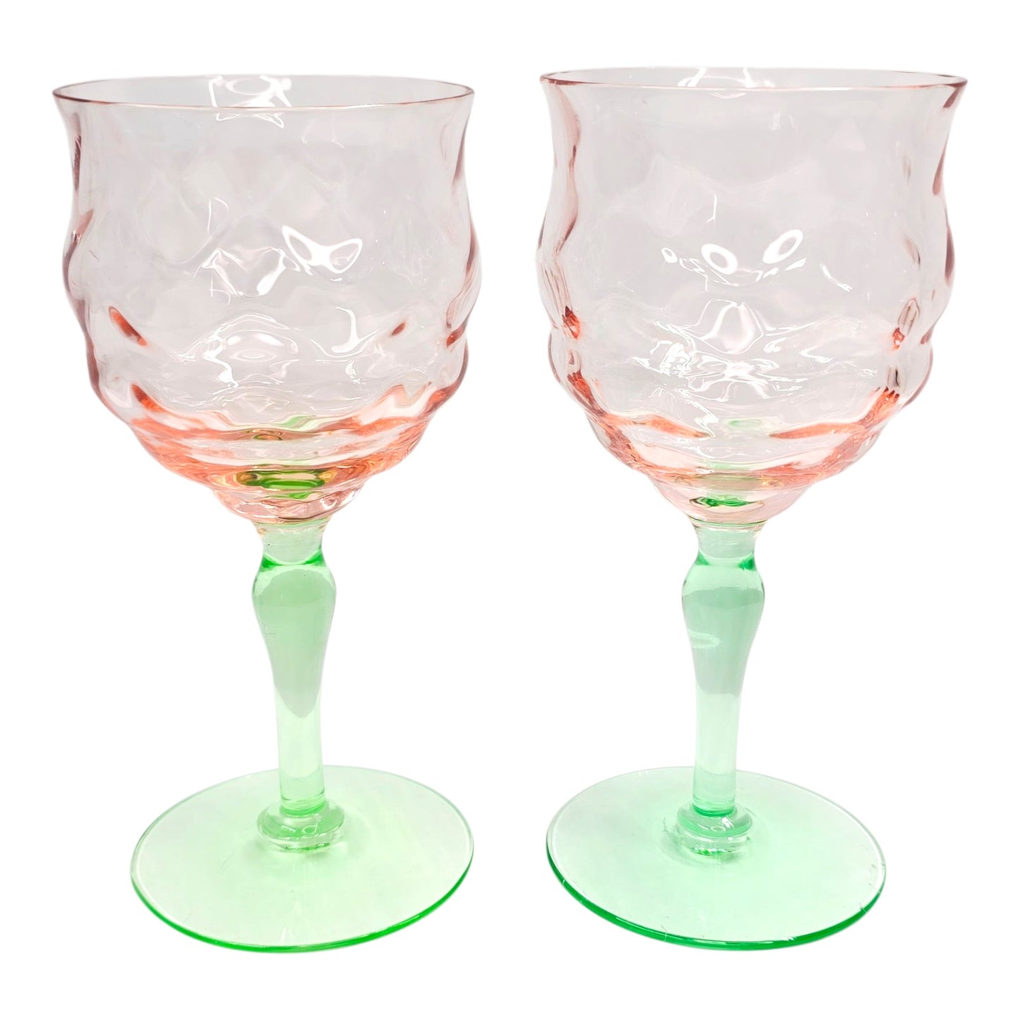 Vtg Tiffin Watermelon Uranium Glass Cocktail Coupes / Champagne Glasses Set of 2