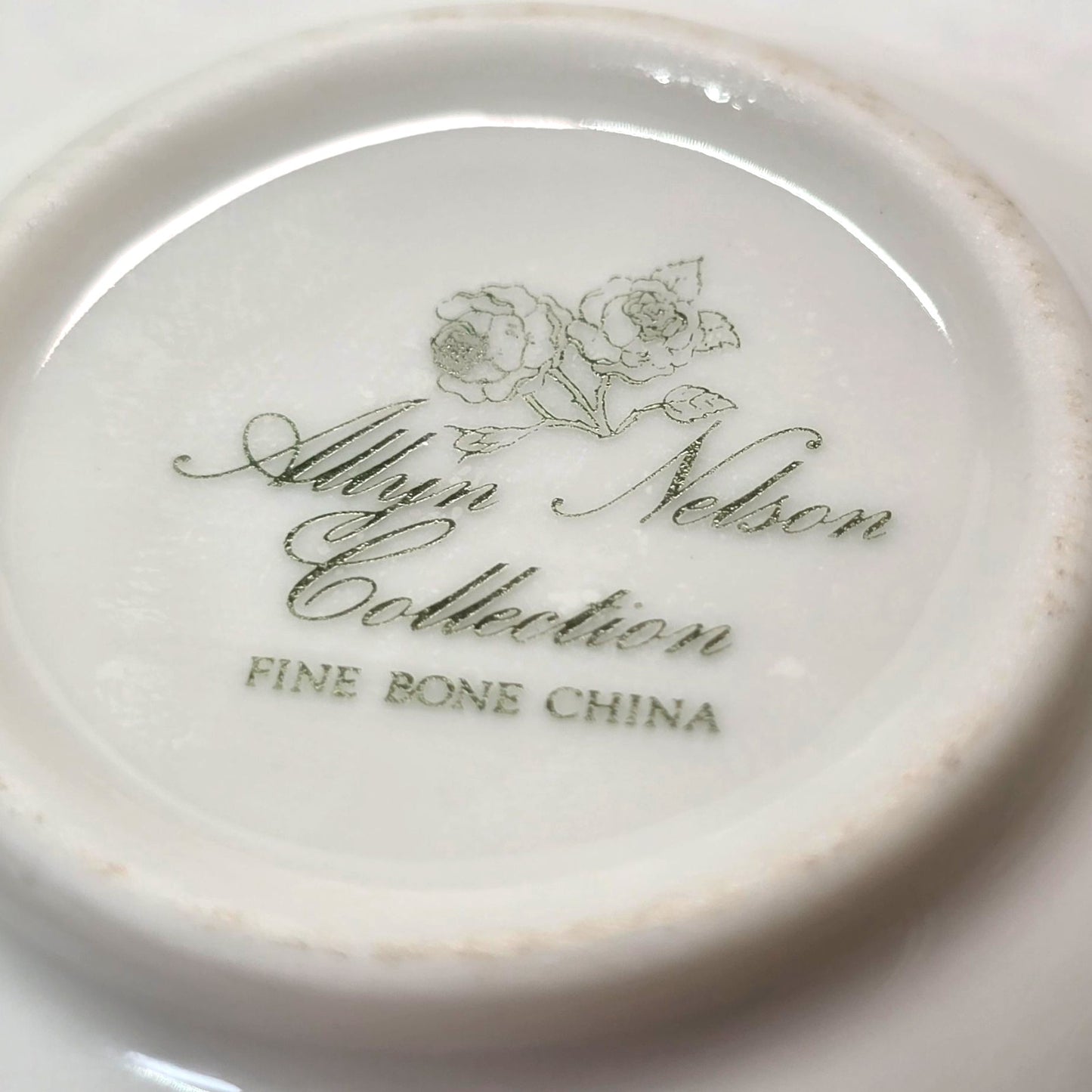 Set of 3 Dainty Tea Dishes: Allyn Nelson Porcelain Tea Strainer and Drip Bowl, plus a dainty Queen's England Prairie Rose Dish