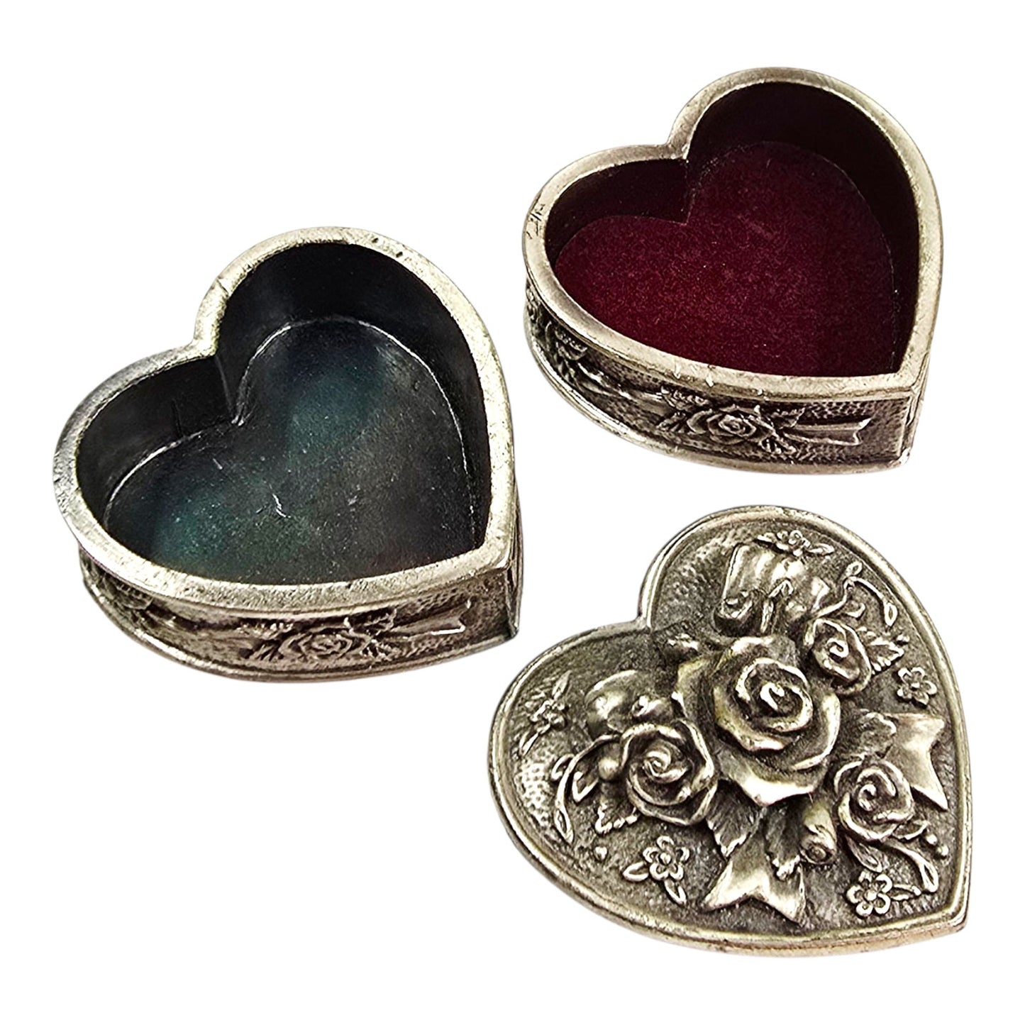 3-Pc Heart Stacked Pewter Trinket Box with Roses and Floral Motif, Signed