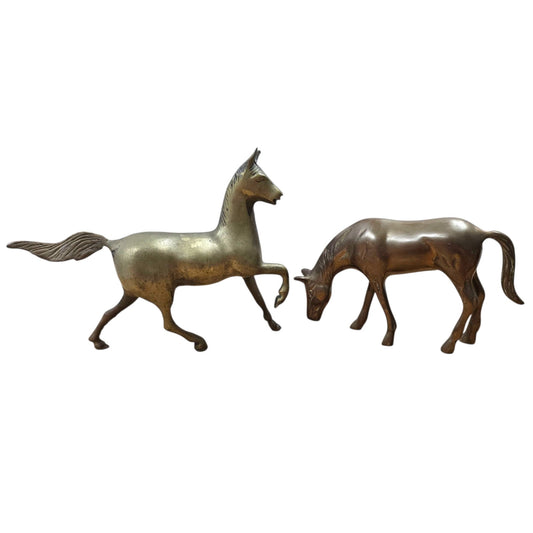Vintage Brass Horse Figurines Pair Prancing Stallion & Grazing Mare MCM Decor