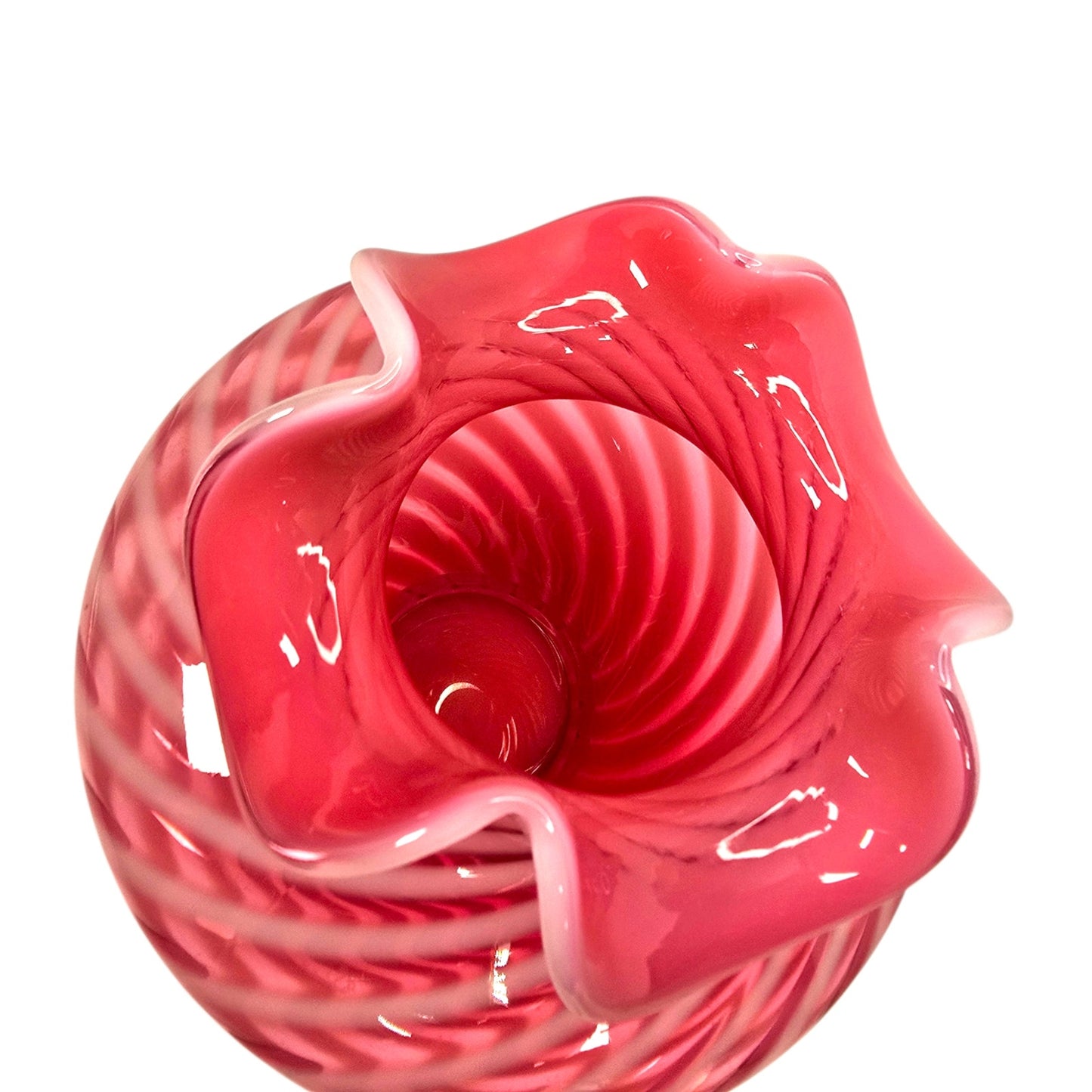 Fenton Cranberry Opalescent Swirl Glass Vase Ruffled Rim Vintage Pink