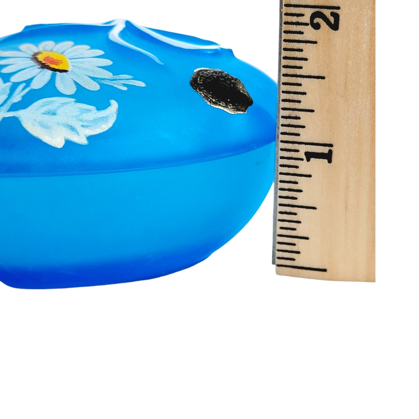 AS IS 1970's Westmoreland Daisy Blue Satin Glass Heart Trinket Dish with Lid FLAW
