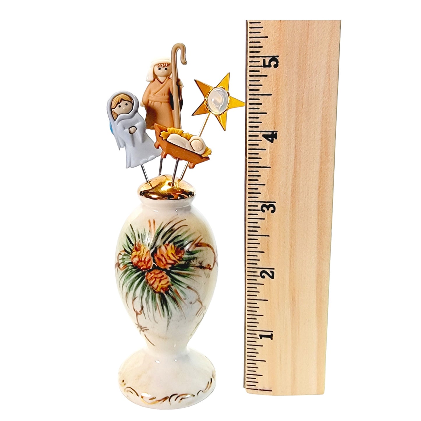 Nativity, Holy Family in Pine Cone Theme Shaker Display with 4 Pins