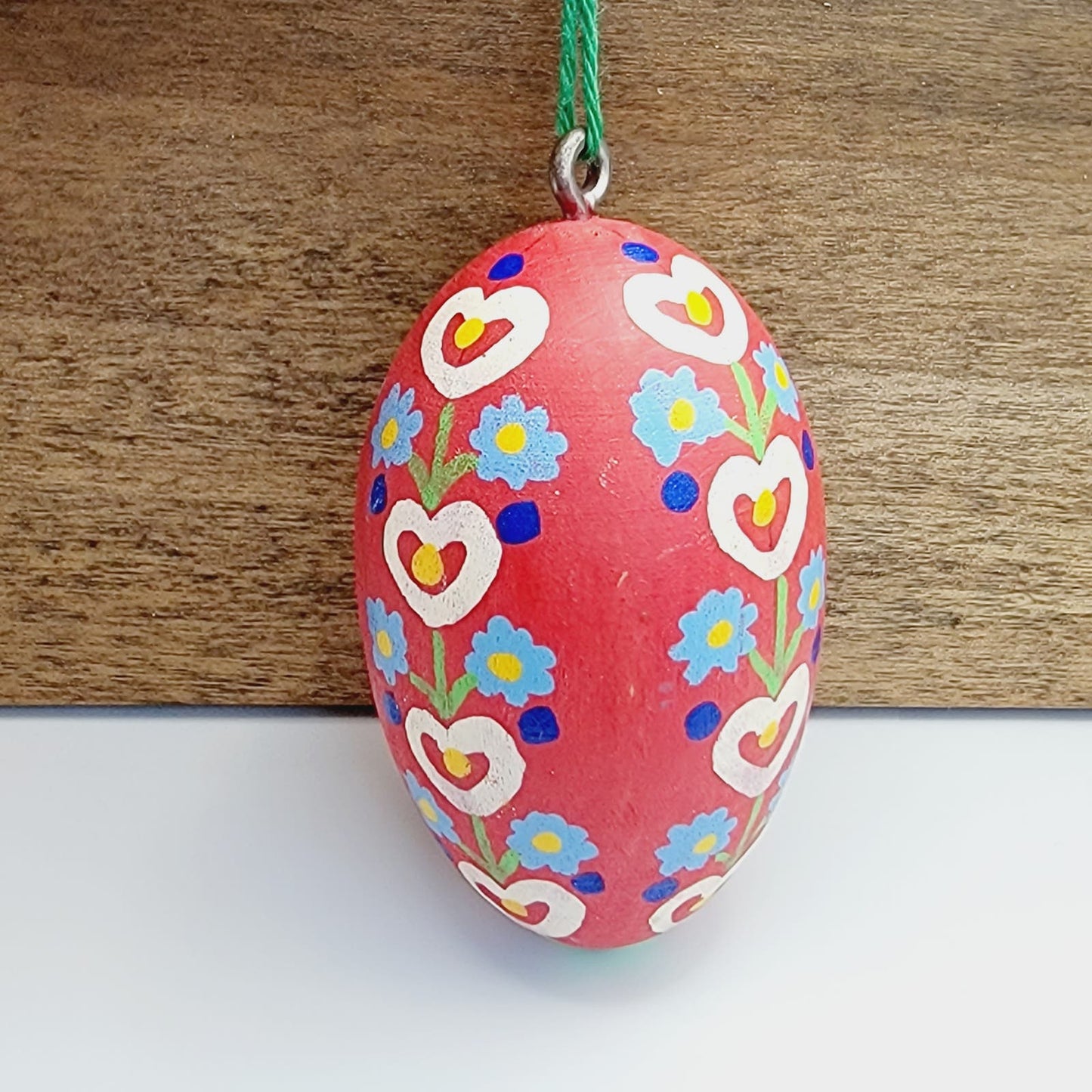 Vintage Wooden Hand Painted Easter Egg Ornament Flowers and Hearts Design Red