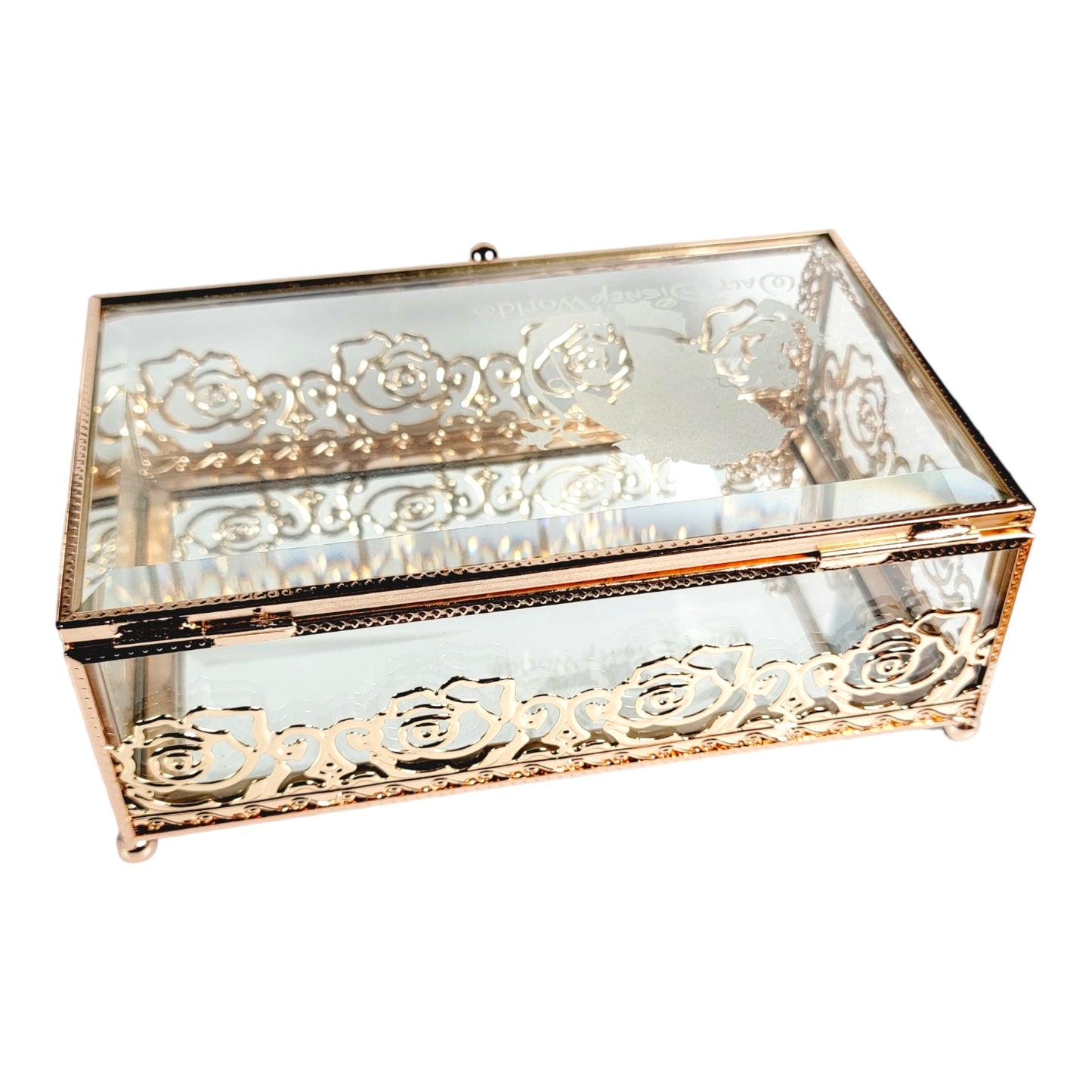 Disney World Beauty & the Beast Jewelry Box Mirrored Etched Glass Filigree Rose