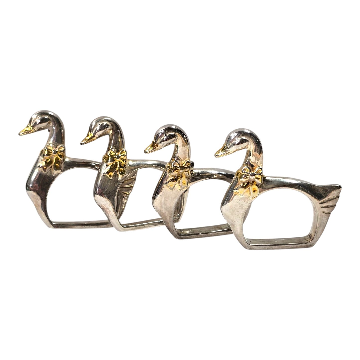 Vintage Swan Napkin Rings Set of 4 Silver Tone with Gold Accent Duck Table Decor