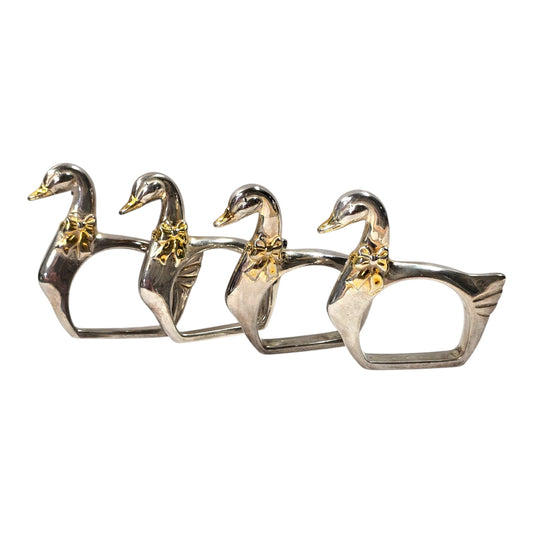 Vintage Swan Napkin Rings Set of 4 Silver Tone with Gold Accent Duck Table Decor