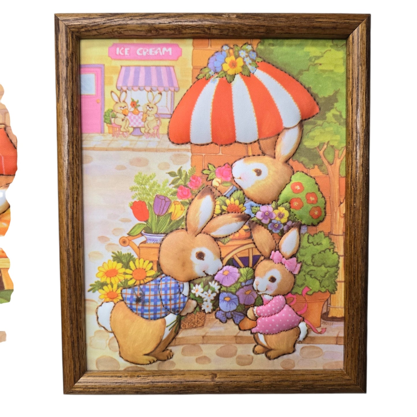 Vtg 3D Fabric Art Bunny Scenes Set of 2 Framed Produce Flowers Ice Cream Nursery