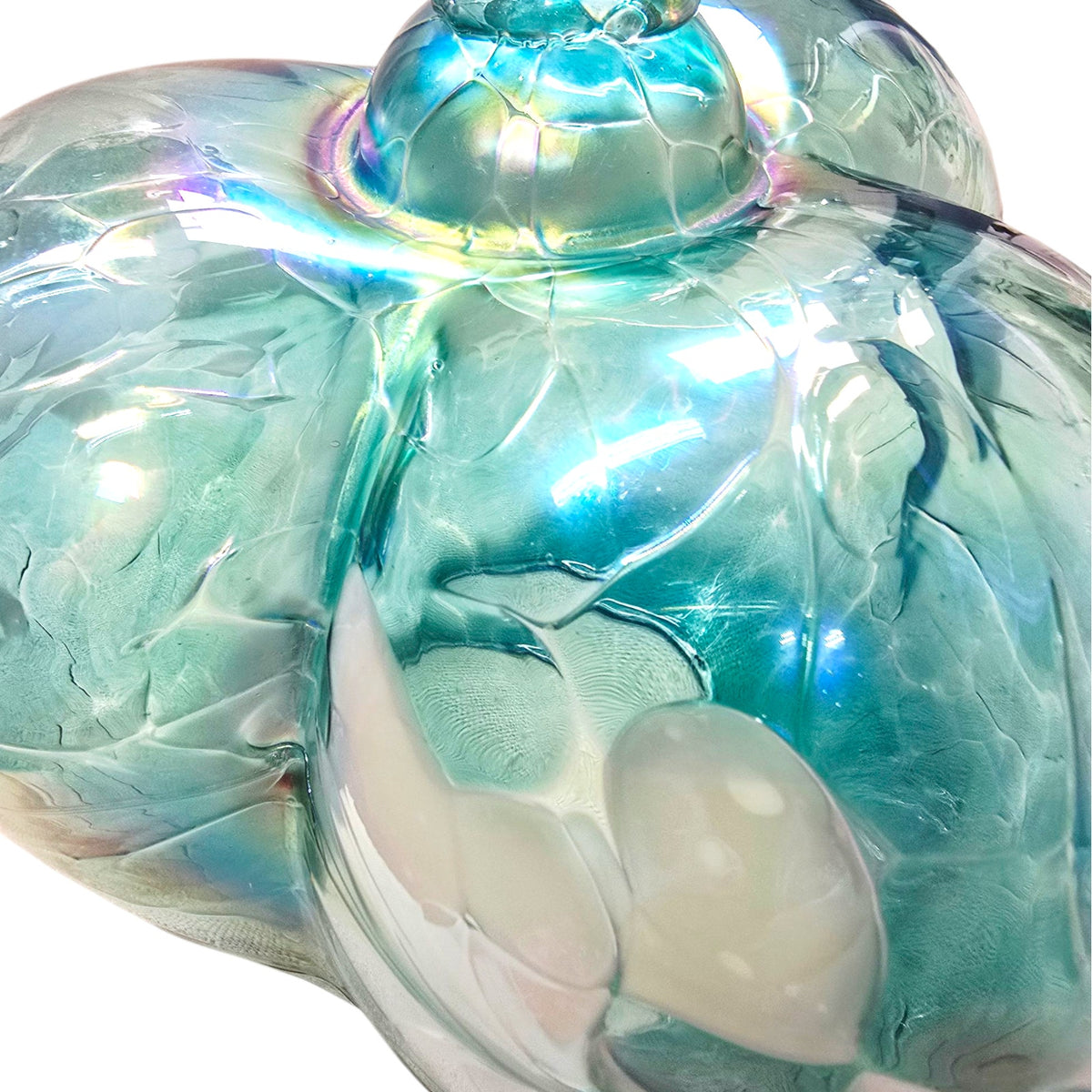 Iridescent Aqua Blue Art Glass Pumpkin White Swirl Sculptural Decor 8"