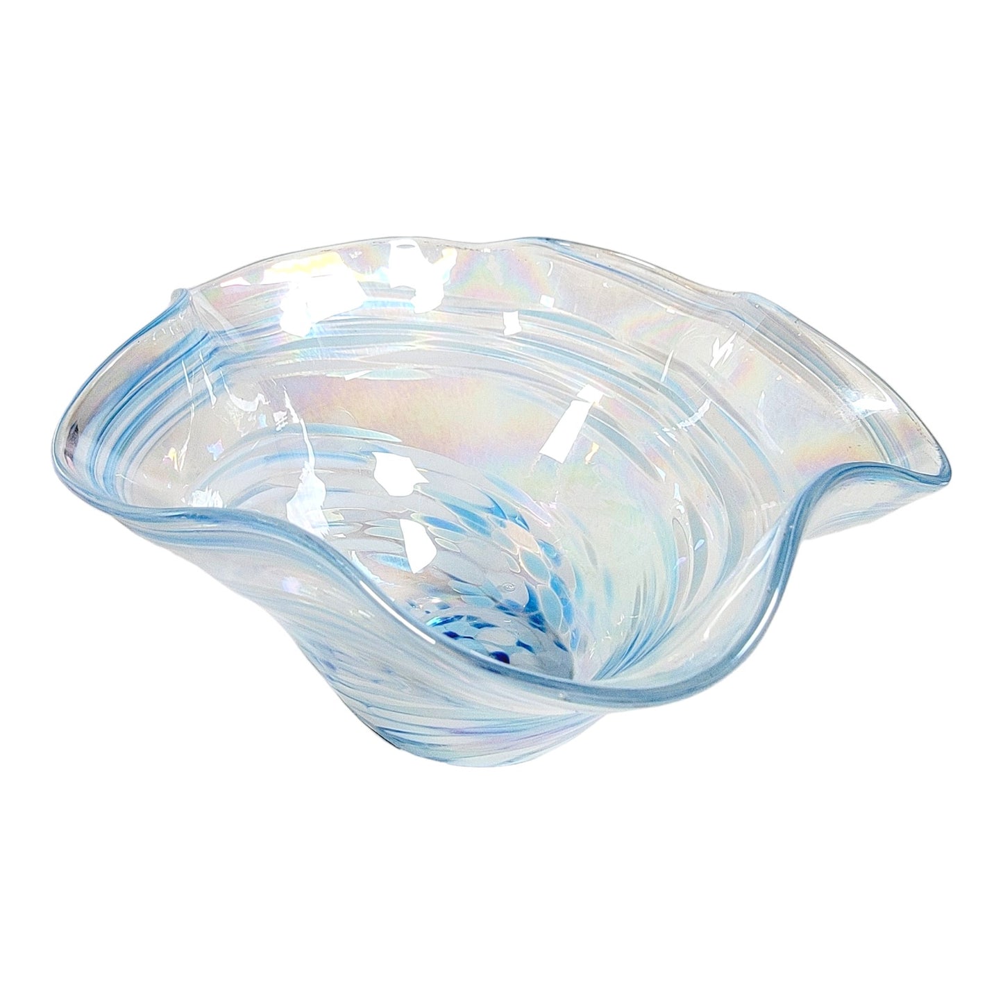 Glass Eye Studio Hand Blown Ruffled Glass Bowl Blue and White Iridescent 6" W