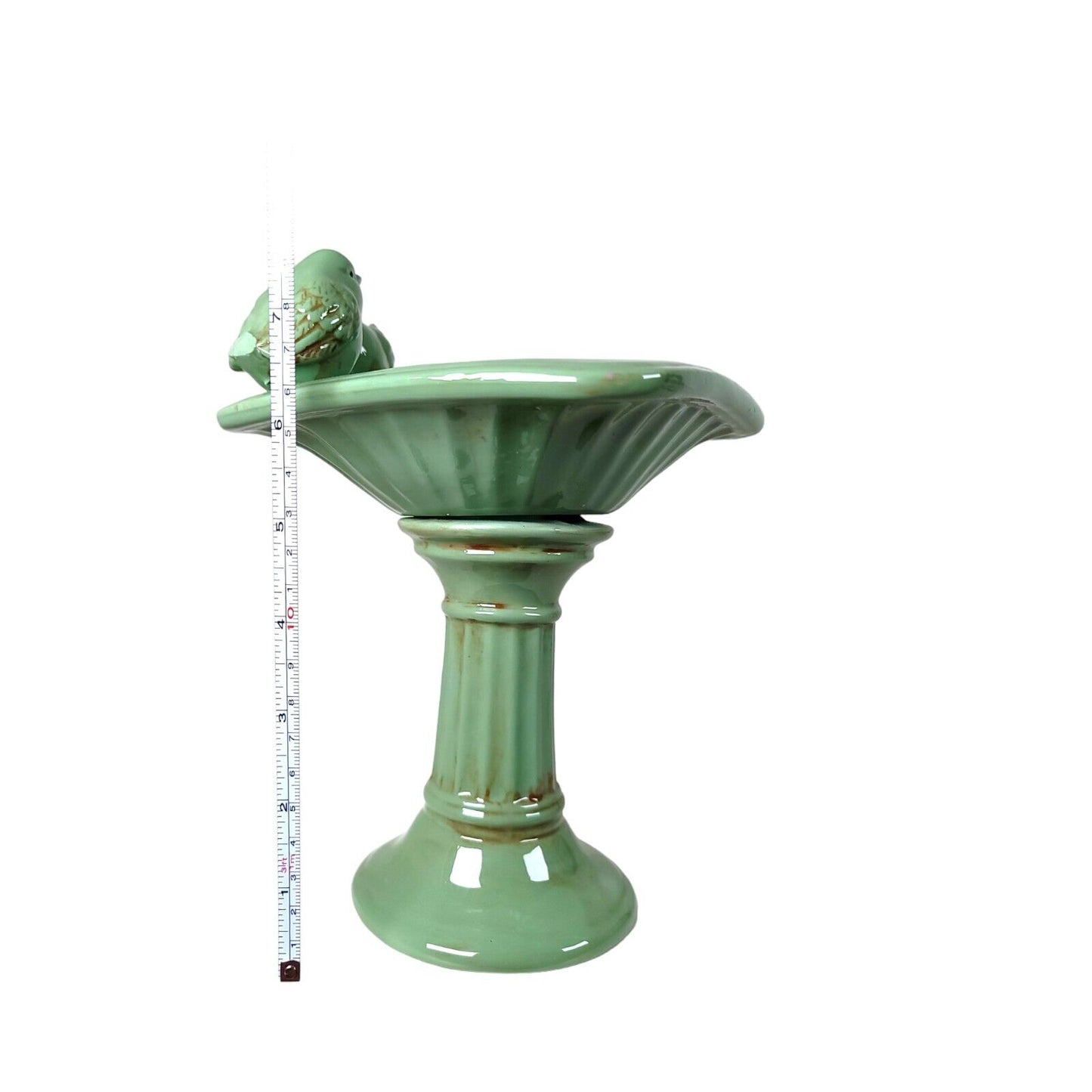 Tabletop Bird Bath Feeder Green Glazed Ceramic with 2 Perched Birds FLAW