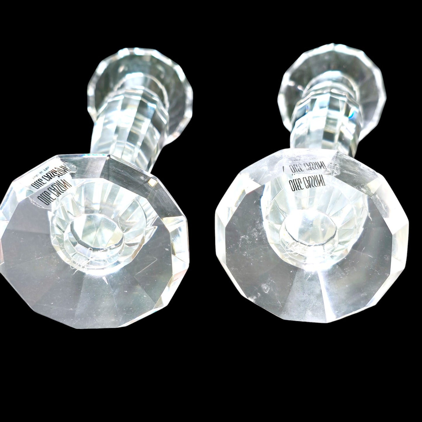 Set of 2 Oleg Cassini Crystal Pillar Candle Holders,  Flaw